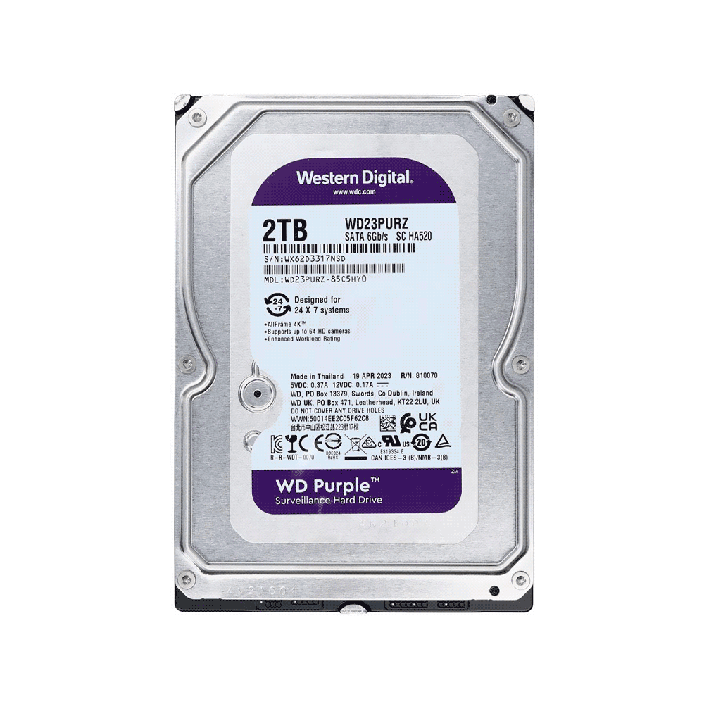 DISCO DURO SATA3 2TB WESTERN DIGITAL PURPLE 5400 64MB WD23PURZ SURVEILLANCE (GARANTIA BR)-SKU:118972