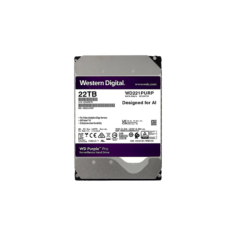 DISCO DURO SATA3 22TB WESTERN DIGITAL PURPLE 7200 512MB WD221PURP SURVE (GARANTIA BR)-SKU:119047