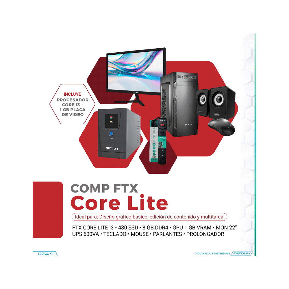 COMPUTADORA FTX CORE LITE I3/480SSD/8G/1GVGA+ MON 22"+ UPS 600+ TECLADO+ MOU+ SPK+ FILTRO-SKU:127349