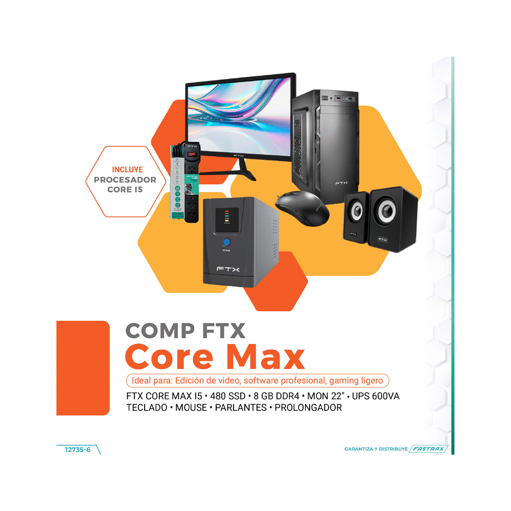 COMPUTADORA FTX CORE MAX I5/480SSD/8G+ MON 22"+ UPS 600+ TECLADO+ MOU+ SPK+ FILTRO-SKU:127356