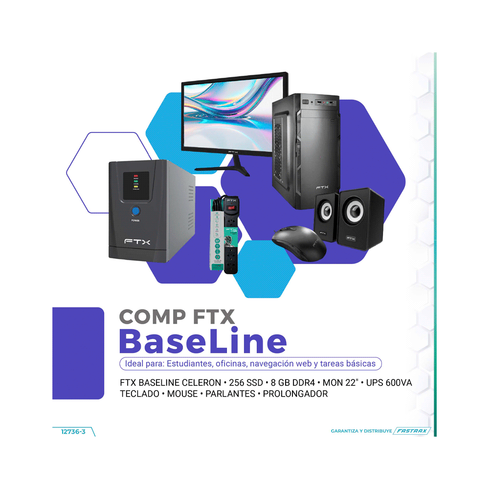 COMPUTADORA FTX BASE LINE CEL/256SSD/8G+ MON 22"+ UPS 600+ TECLADO+ MOUSE+ SPK+ FILTRO-SKU:127363