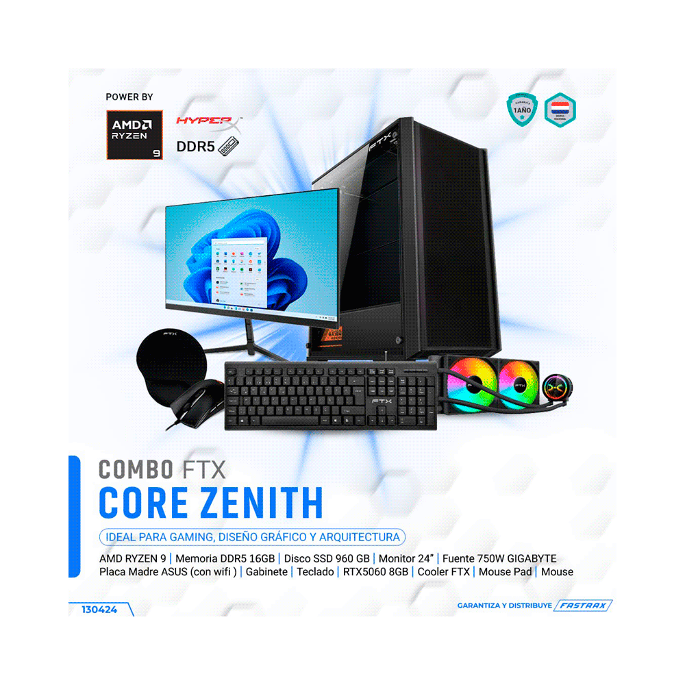 COMPUTADORA FTX CORE ZENITH R9/960SSD/16G/RTX5060-8G + MON 24"+TECL+MOU+MOUPD+ COOLER