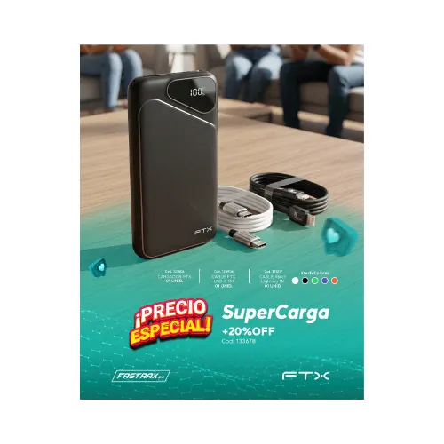 COMBO SUPER CARGA CARGADOR PORTATIL FTX PB-10LCD-BK + CABLE USBC CM240-ZSW1+ XTG-236